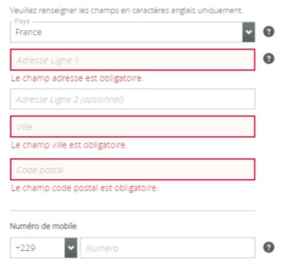 indiquer vos coordonnées pour la création de votre compte