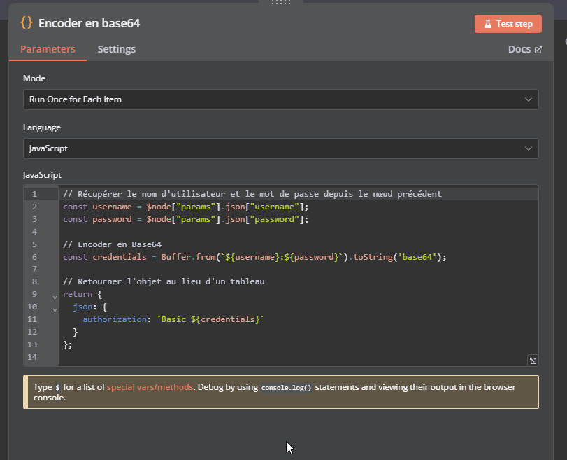 code javascript pour encoder en base64 le nom d'utilisateur et le mot de passe application WordPress