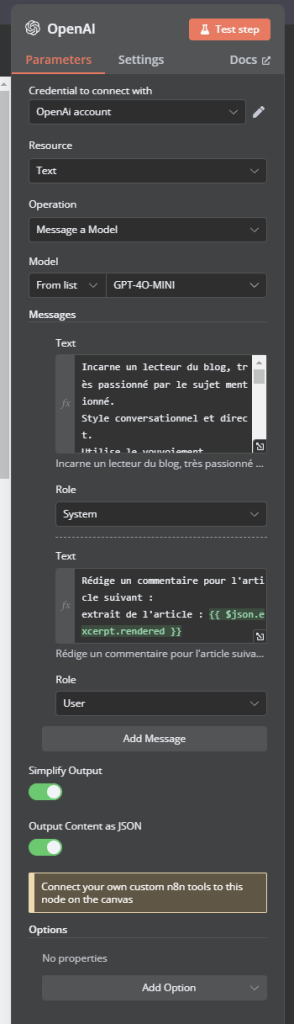 noeud n8n openAI pour générer le texte d'un commentaire de blog avec un prompt system et un prompt user